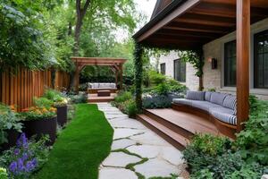 Relaxing backyard with pergola and curved wooden deck seating featuring lush landscaping photo