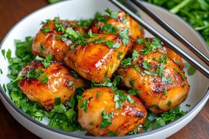 Honey garlic glazed chicken bites garnished with fresh parsley in a bowl with chopsticks photo