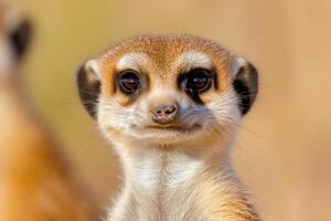 Curious meerkat staring with blurred background in the Kalahari Desert photo