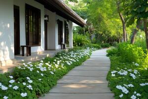 Walkway with white flowers bordering a white building with dark wood features photo