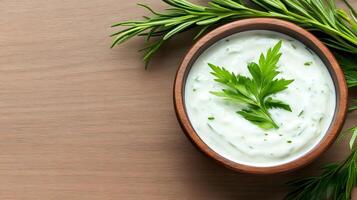Wooden bowl with creamy sauce and herbs on wooden table photo