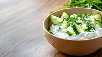 Greek tzatziki sauce with cucumber and dill in bowl on wooden table photo