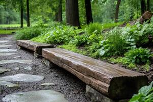 Resting wooden benches inviting visitors to relax in peaceful green park photo