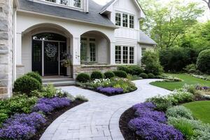 Paved pathway leading to luxurious suburban house with beautiful garden photo