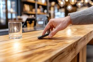 Customer leaving digital tip jar with mobile phone in cafe photo