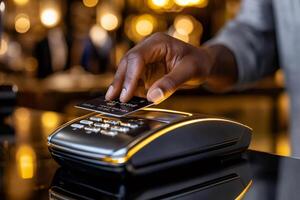 Customer using credit card for contactless payment on pos terminal photo