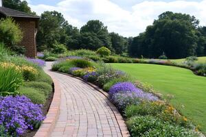 Winding brick path leading through colorful flowerbeds in a lush garden photo