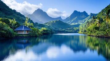 Breathtaking landscape reflecting on a calm lake in Moorea, French Polynesia photo
