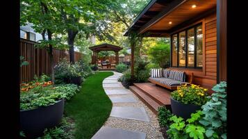 Stunning backyard garden with wooden patio, walkway, and gazebo creating relaxing atmosphere photo