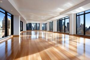 Sunlight illuminating empty New York City corporate office with hardwood floors and large windows photo