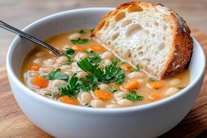 Creamy white bean soup with carrots, parsley, and crusty bread dipping in a bowl photo