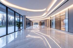 Modern empty office lobby with marble floor and curved ceiling lights photo
