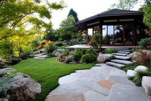 Stone steps leading to a patio and a modern house surrounded by a beautiful garden photo