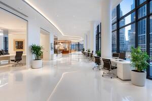Modern open space office with desks and computers showing New York City skyline photo
