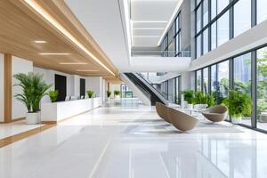 Modern corporate lobby featuring reception desk, waiting area and escalator photo