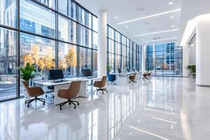 Modern open space office with computers and large windows overlooking city photo