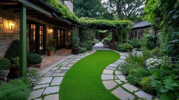 Lush green grass pathway winding through a beautiful garden photo