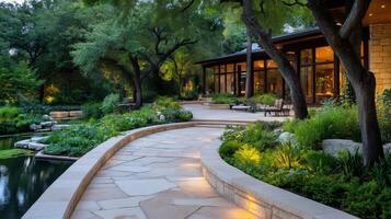Winding stone path leading to modern house in luxurious garden photo