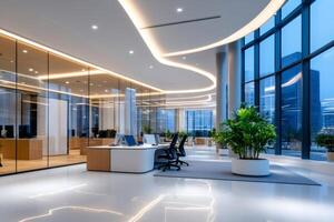 Modern open space office with curved ceiling lights illuminating the workspace photo