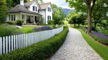 Cobblestone driveway leading to beautiful white country house with picket fence and lavender photo