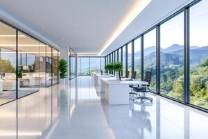 Modern open space office with a stunning mountain view promoting productivity and well-being photo