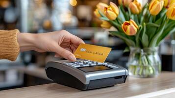 Customer using contactless payment with credit card in flower shop photo