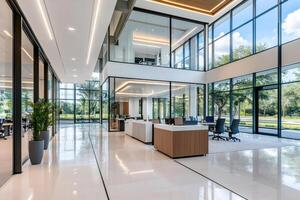 Modern corporate office lobby with large windows showing green trees photo