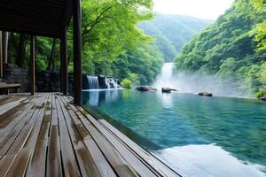 Infinity pool overlooking waterfall in pristine forest photo