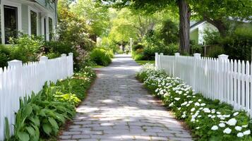 Idyllic neighborhood walkway with white picket fences and lush gardens photo
