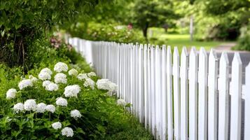 White picket fence bordering beautiful garden with white hydrangeas photo
