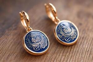 Golden earrings with blue enamel and floral ornament are lying on a wooden surface photo