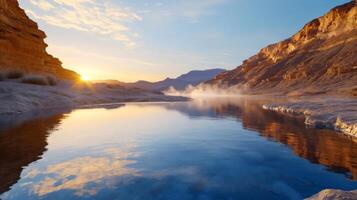 Sunrise reflecting in calm desert oasis surrounded by sandstone cliffs photo