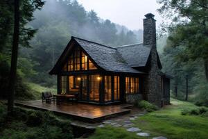 Cozy cabin inviting to relax in the misty forest at dusk photo