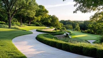 Winding concrete path leading to golf course through manicured landscape photo