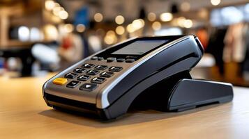 Modern POS terminal waiting for a customer to pay in a blurred store photo