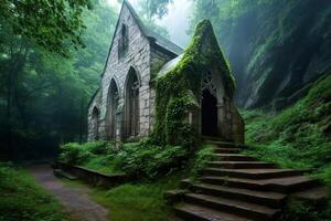 Mysterious gothic chapel merging with nature in a foggy forest photo