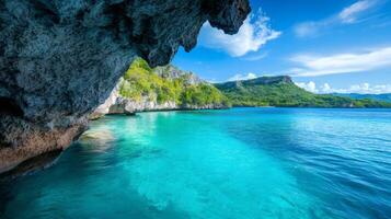 Turquoise lagoon viewed from inside a cave in Raja Ampat, Indonesia photo