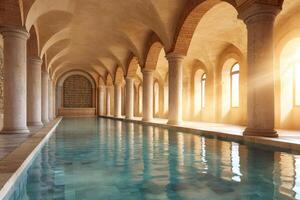 Sunlight illuminating empty indoor swimming pool with columns and arches photo