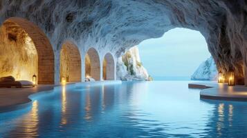 Luxurious infinity pool merging with ocean in a breathtaking cave photo