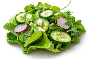 Fresh green salad with cucumber, feta cheese and radish seasoned with salt and pepper photo