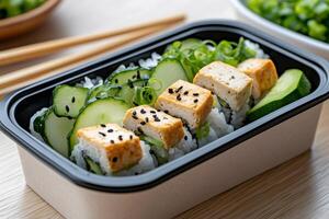 Delicious vegan sushi with fried tofu, cucumber, rice and chives in a takeaway box photo