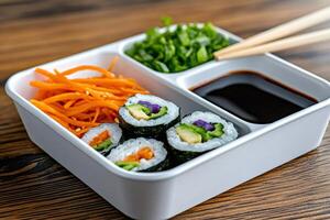Vegetarian sushi with carrots, chives and soy sauce resting in a white bento box on a wooden table photo