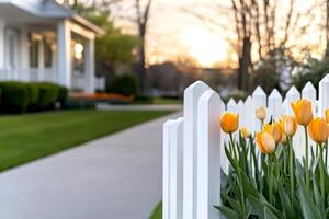 Yellow tulips growing by white picket fence at sunset in front of house photo