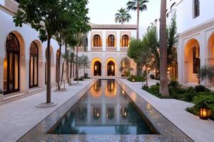 Tranquil courtyard with reflecting pool in Moorish architectural style at dusk photo