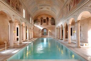 Ancient roman bath with columns and frescoes illuminating indoor swimming pool photo