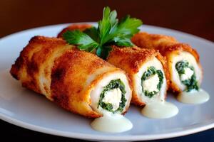 Chicken breasts rolls stuffed with spinach and feta cheese lying on white plate photo
