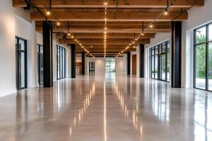 Large empty modern industrial open space with wooden ceiling and polished concrete floor photo