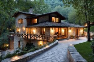 Charming stone house illuminating the forest at twilight photo