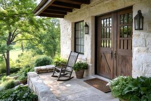 Rocking chair inviting guests to relax on a cozy porch of a luxury limestone house photo