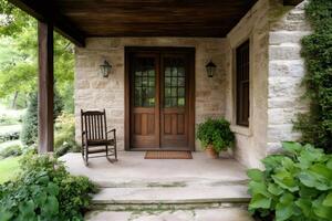 Rocking chair inviting visitors to relax on a cozy porch of a stone house photo